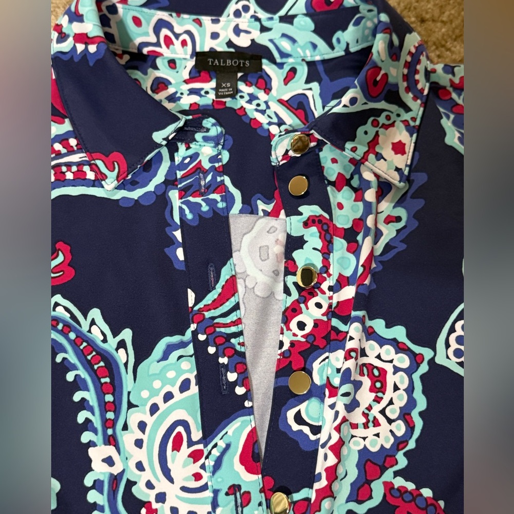 Talbots Navy and Teal Paisley 3/4 Sleeve Dress Size XS Extra Small - Picture 3 of 9
